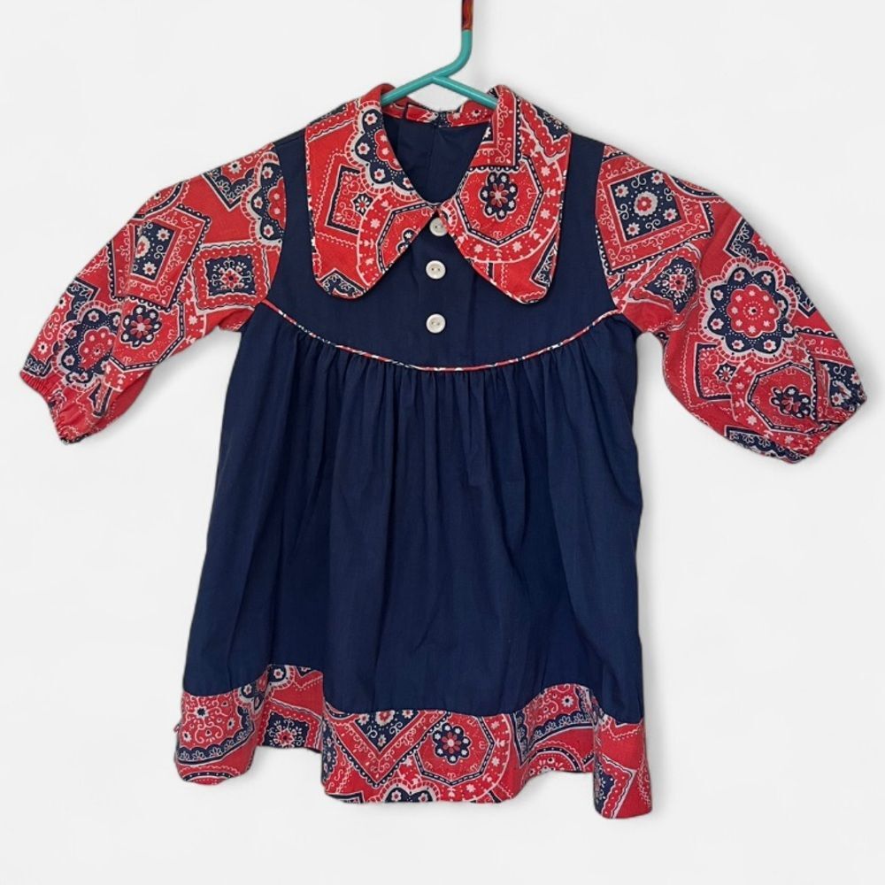 VTG Sears 70s Floral Kids Dress Red and Blue size 5